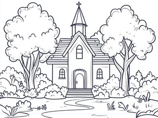 Fototapeta premium A church structure drawn manually, with silhouettes formed along one line