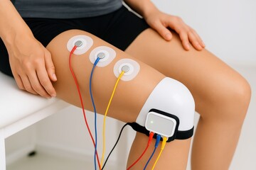 Therapeutic device on a knee for muscle stimulation.