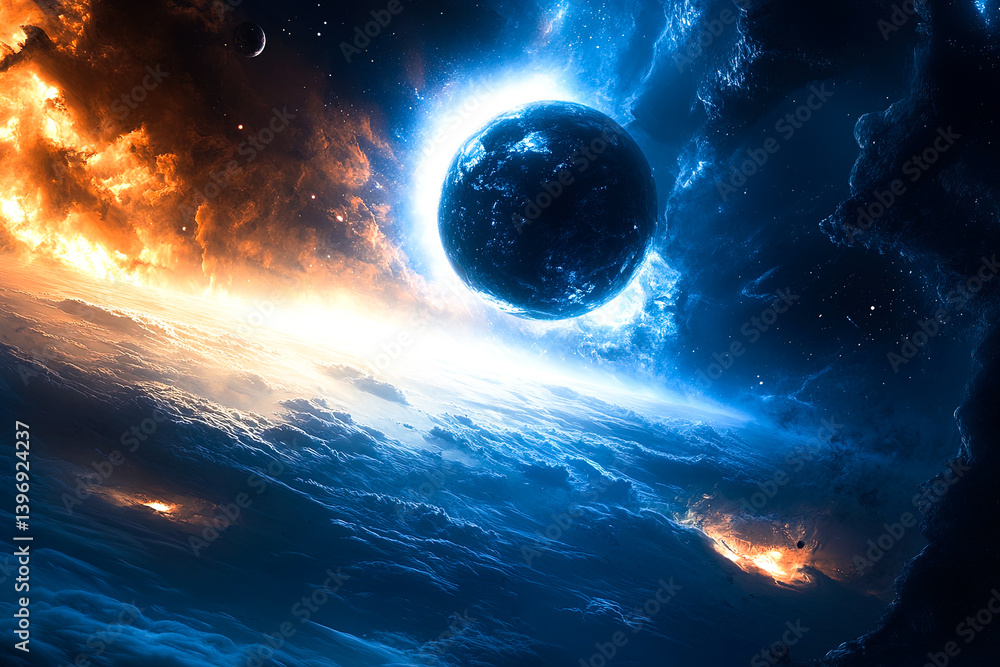 Wall mural cosmic landscape with exploding planet..