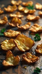 Golden crispy fried potatoes scattered on a rustic wooden background