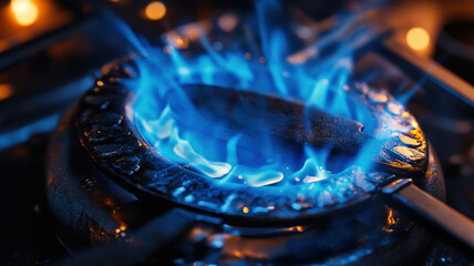 Close-Up of Lit Gas Stove Burner with Blue Flame and Orange Tips in Dark Kitchen Setting