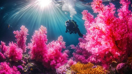 Underwater diver surrounded by vibrant coral