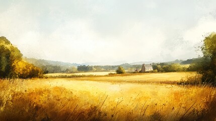 Obraz premium Golden Fields of Summer: A Tranquil Countryside Painting