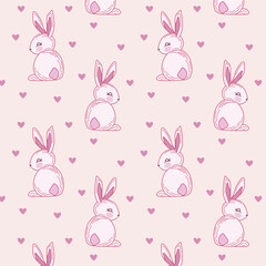 Pattern of rabbits and hearts.Vector seamless pattern with pink rabbits and hearts on a light background.