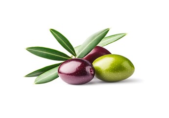 Closeup of Ripe Green and Purple Olives with Fresh Leaves on White Background
