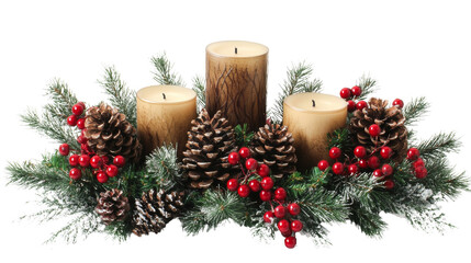 Holiday candle arrangement with pinecones and berries festive decor indoor setting cozy atmosphere close-up view seasonal theme