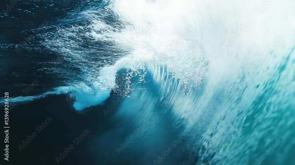 Poster captivating close-up of a powerful ocean wave crashing with turbulent water in a bright and dynamic 