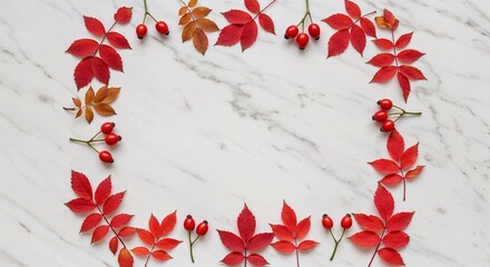 Autumn Leaves Frame with Berries on Marble Background  