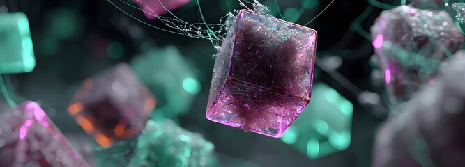 3D illustration of artificial intelligence, glowing neural cubes and circuits, mint and violet neon, dynamic energy flow, dark tech background