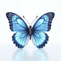 Colorful blue butterfly perched on a white surface showcasing intricate wing patterns in bright natural light