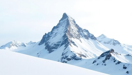Fototapeta premium Snow-covered mountain peak against a stark white sky, photography, winter