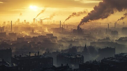 Smog-Shrouded Cityscape at Sunrise: An Urban Industrial Panorama