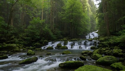 Obraz premium Tranquil waterfall in lush green forest serene nature scene for relaxation and wellness