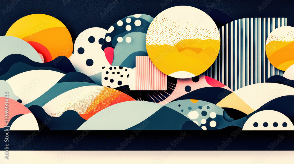 Poster joyful abstract illustration of colorful overlapping circles, wavy shapes and geometric patterns wit