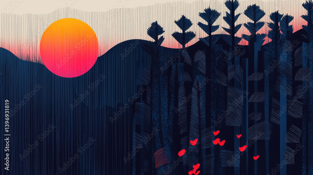 Poster stylized sunset over mountain range with dark forest foreground featu hidden red hearts and ample co