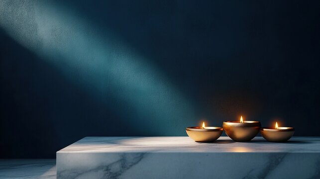 Minimalist Diwali diya lamp arrangement on marble steps, elegant cultural symbol and traditional Indian oil lamps glowing on dark blue background, suitable for festival decoration.