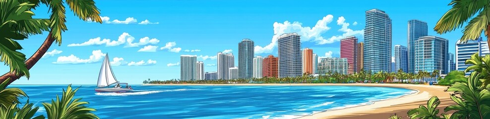 A picturesque seaside city scene with high-rise buildings and a sailboat.