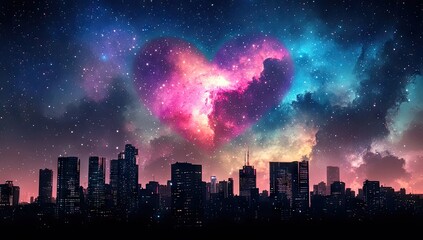 A city skyline bathed in a vibrant heart-shaped nebula at night.