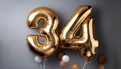 Number 34 with baloons on grey background. Generated image