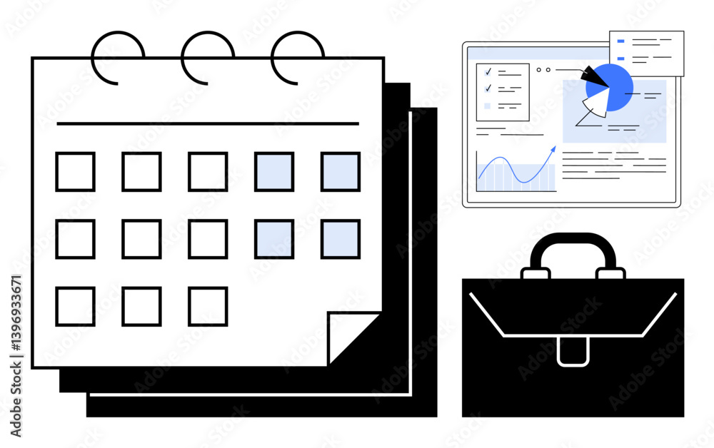 Poster calendar with highlighted days, digital analytics dashboard with chart and graphs, and a closed brie