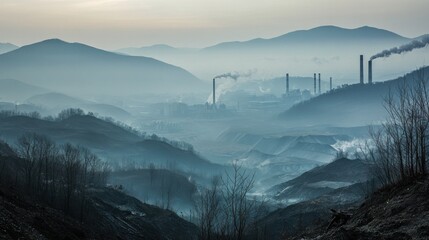 Smog-Shrouded Mountains and Industrial Pollution
