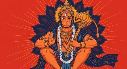Obraz premium Vibrant Hanuman depiction with traditional adornments and symbolic background