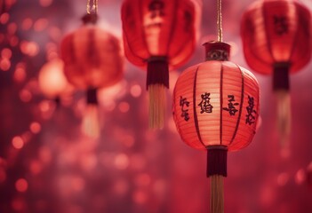 effect bokeh red background chinese lanterns year element lunar illustration lucky lantern prosperity asian traditional new coin celebration shopping festive light banner holiday scene design happy