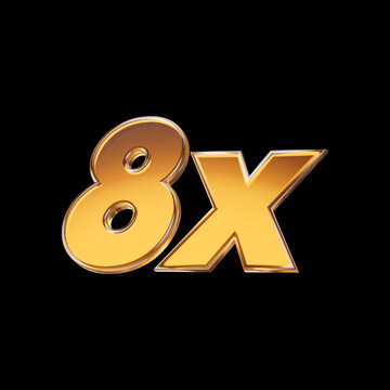 Golden metallic 8x symbol isolated on black background. 3D rendering.