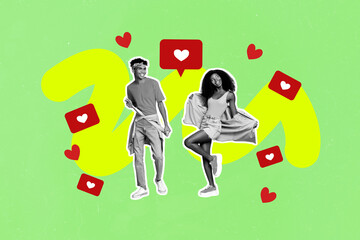 Pop trend collage of people having like reaction on green background