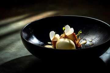 A gourmet dessert beautifully plated in a fine dining restaurant