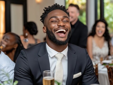 Joyful businessman in a suit celebrates love at a stylish wedding venue filled with laughter and emotion