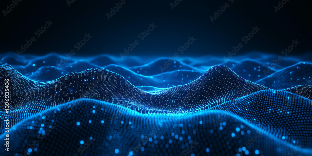 Poster a digital network in the form of blue glowing waves. wave data space. visualization of wave particle