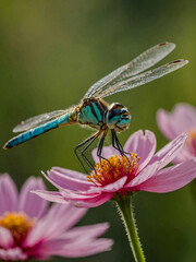 Close-up of a dragonfly on a pink cosmos flower.