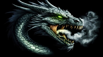 Obraz premium A massive medieval dragon with gleaming green eyes and flickering flames in a shadowy cave. A mythical creature. Concept art of the dragon's head in Gothic style. A 3D illustration of the game's