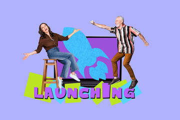 Creative pop collage of business people on computer device launching new business success