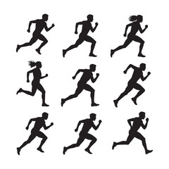 collection of silhouette illustrations depicting male and female runners in various running postures, ideal for fitness, health, and sports design projects.