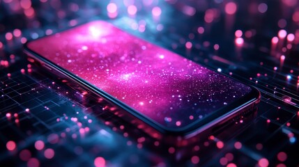 Phone display showing a galaxy, on circuit board with red and blue dots