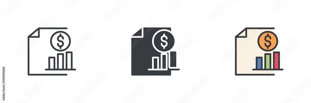 Poster document with a bar chart and a coin different style icon set