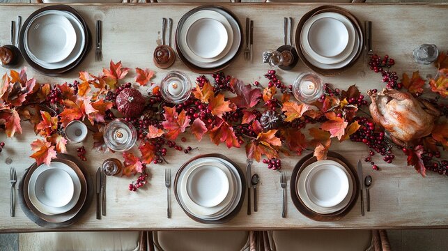 A vibrant overhead shot of a Thanksgiving table with a golden roasted turkey as the centerpiece, paired with rustic ceramic plates, fall maple leaves, a fresh cranberry wreath, and warm candlelight.