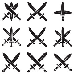 Sword icons set. Vector Black silhouettes Ancient swords signs and crossed pictograms. with white background