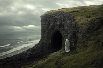 A ghostly figure stands before a dark cave on a stormy coastline.