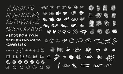 Handwritten letters, numbers, objects, emoticons and more. Doodles and squiggles. White on black. Vector set