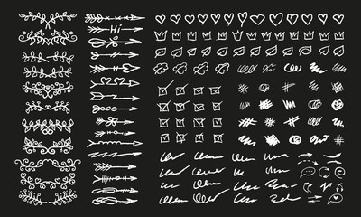 Handwritten text dividers, arrows, crowns, hearts and more. Doodles and squiggles. White on black. Vector set