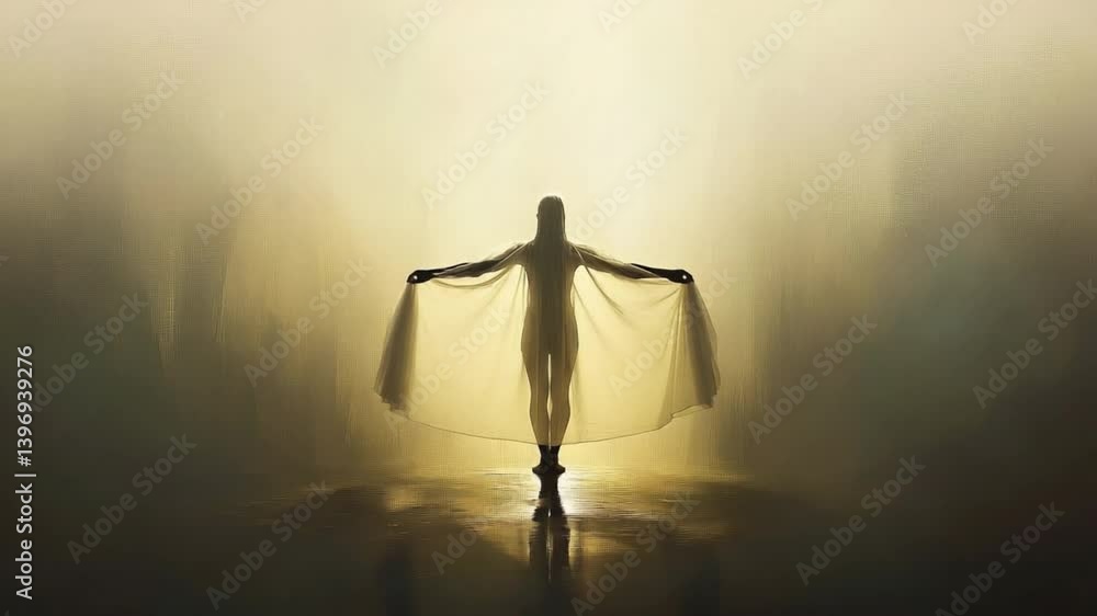 Poster mysterious silhouette emerging from a glowing light in an abstract dreamlike environment evoking won