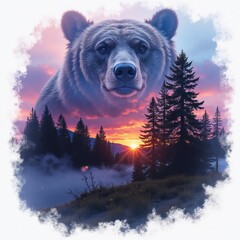 Grizzly bear above misty forest at sunset captures the beauty of wildlife in a serene landscape