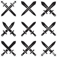Sword icons set. Vector Black silhouettes Ancient swords signs and crossed pictograms. with white background