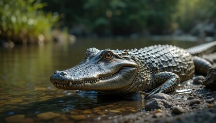 Obraz premium Spectacled Caiman at Water's Edge, Sunlit Riverbank