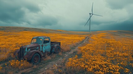 Rusty truck in a field of flowers, wind turbine in background