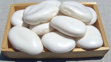 Pile of Smooth White Oval Soaps in a Wooden Box