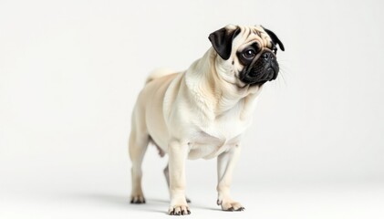 Fototapeta premium Solo pug, standing, against pure white backdrop, coat, breed